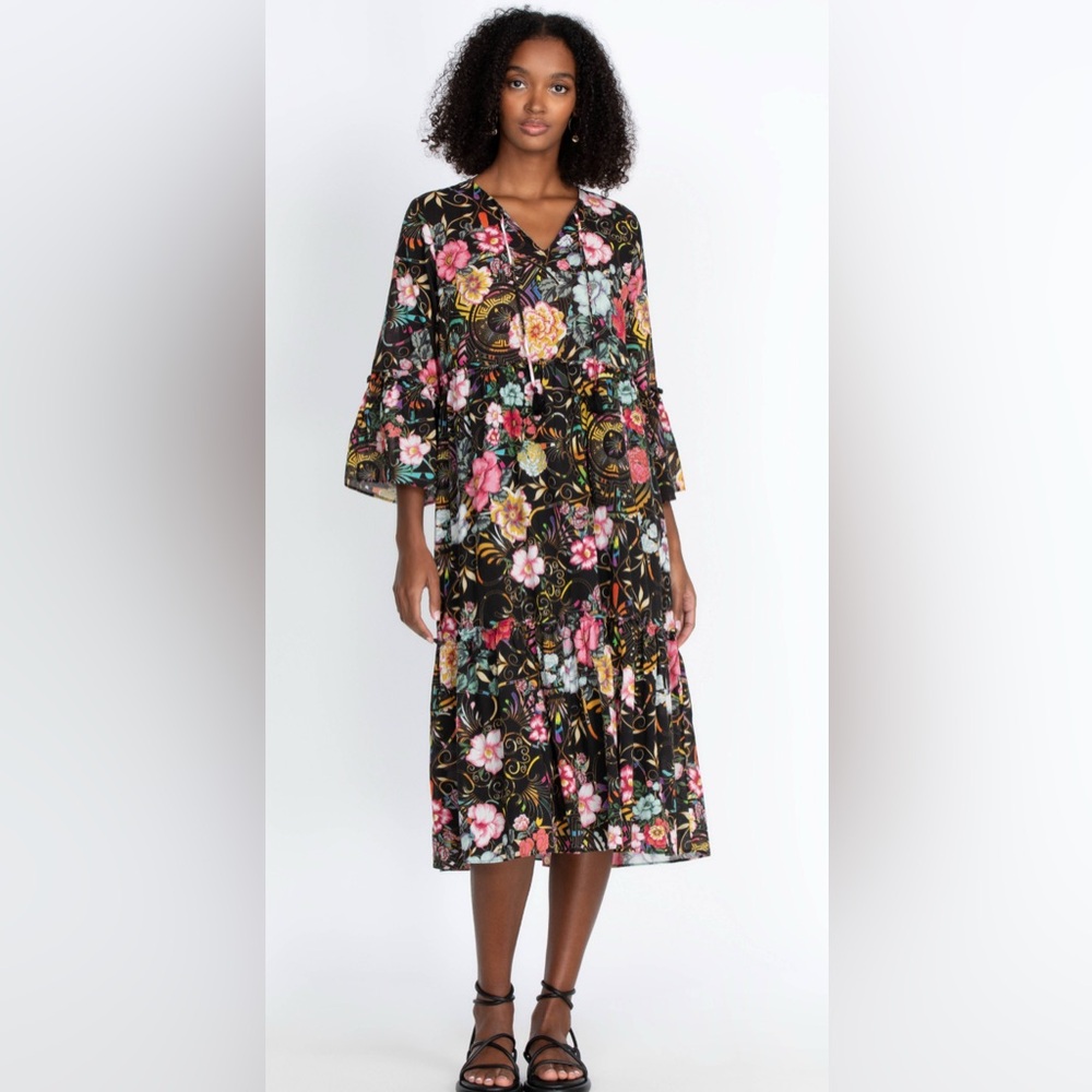 Johnny Was Multicolor Naomi Peace Ruffled Tiered Floral Midi Dress Boho Sz Small - Picture 1 of 12